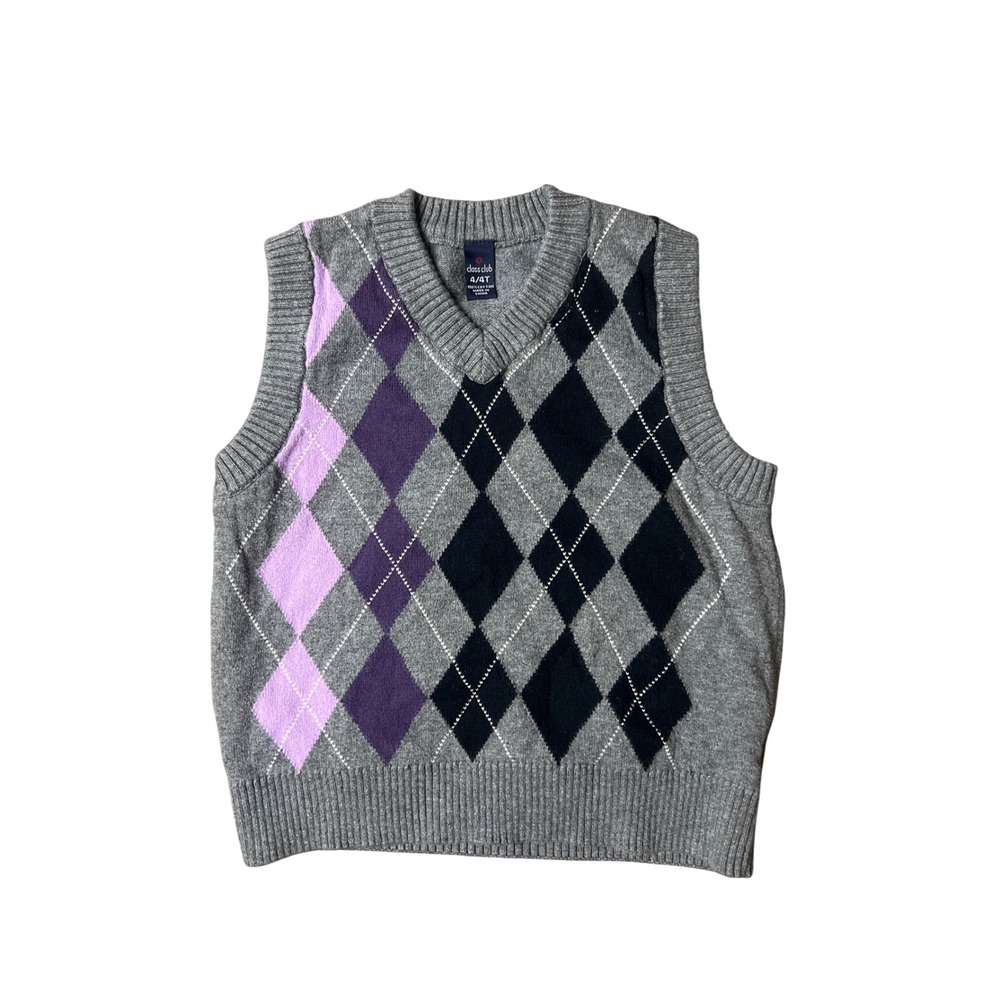 Class Club Boys Argyle Sweater Vest Grey Purple Navy V-Neck Cotton Size 4/4T